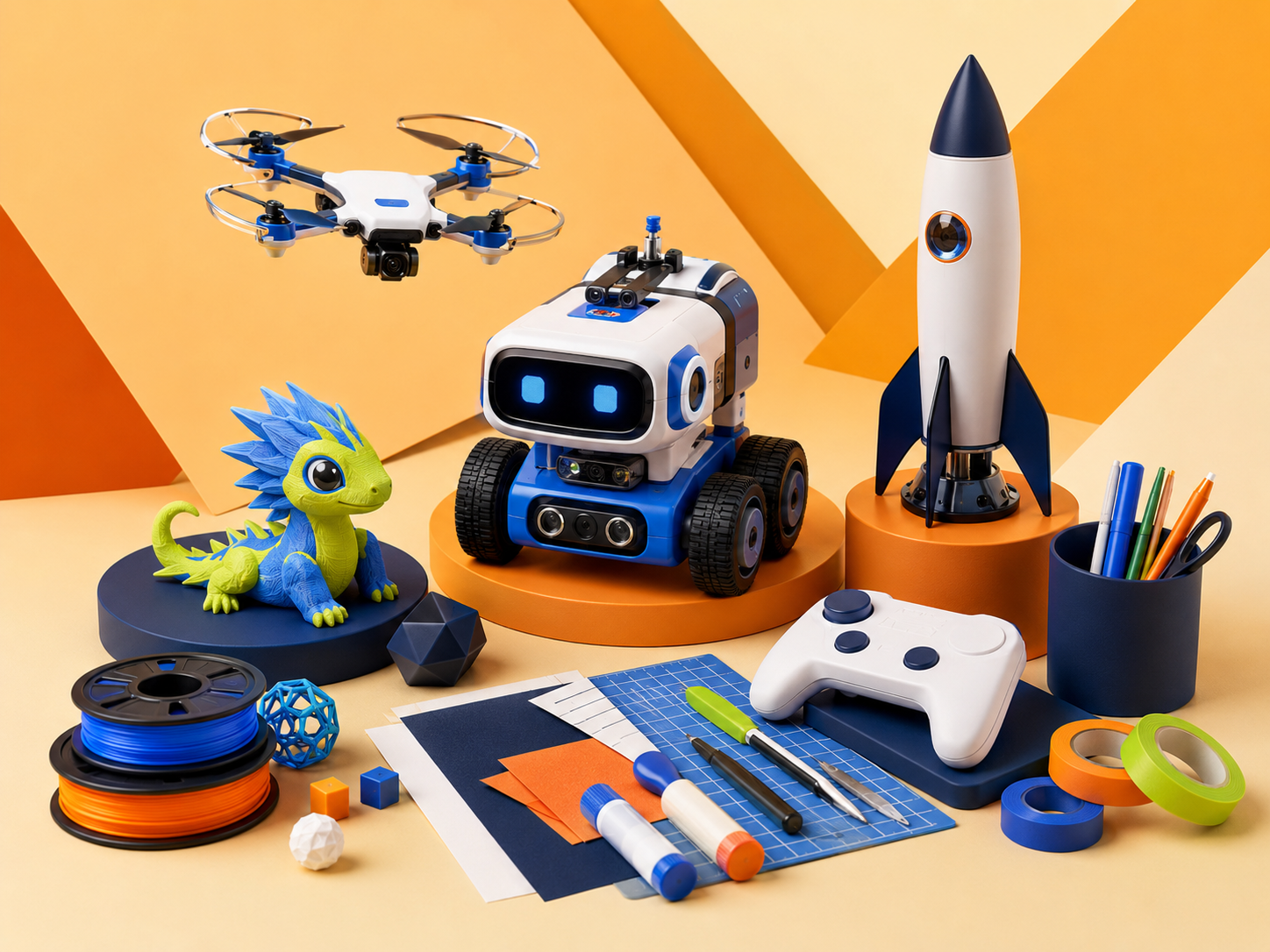 Robot, drone, rocket, 3D model, and creative technology camp tools