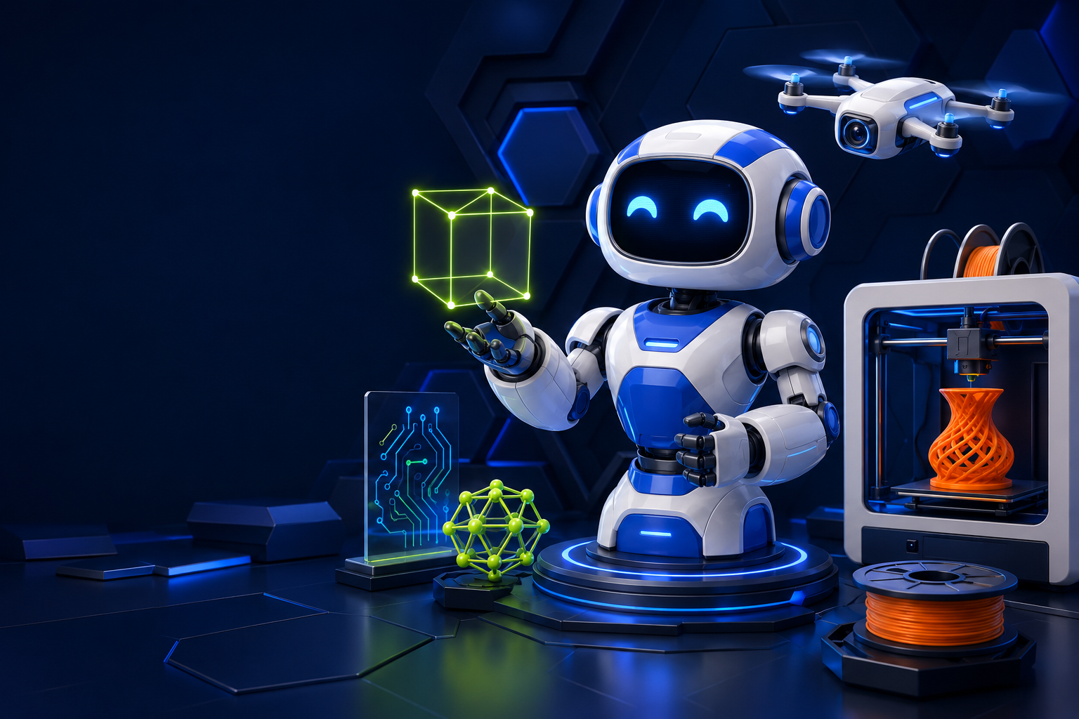 Blue-and-white robot with a drone, 3D printer, and glowing design models