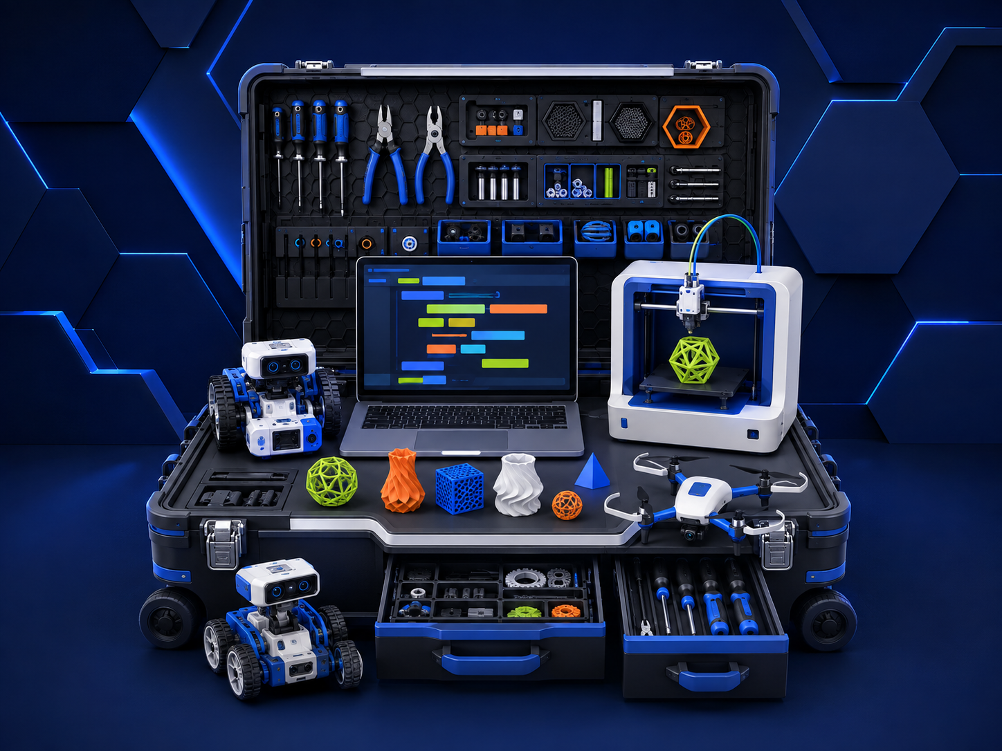 Portable school innovation lab with robots, drone, laptop, tools, and 3D printer